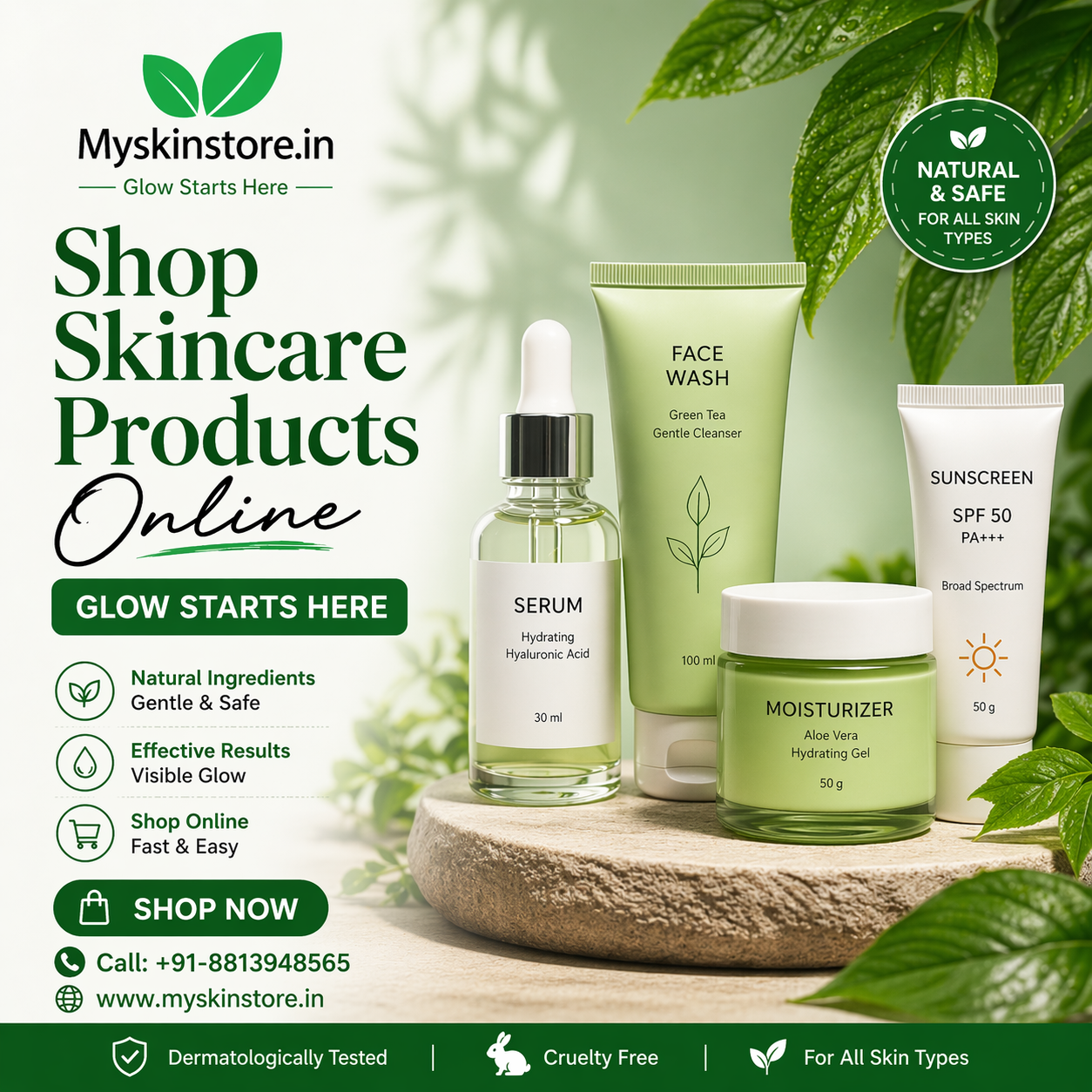 Natural skincare products set including face wash, serum, moisturizer and sunscreen for glowing skin